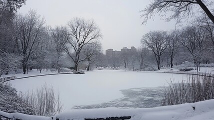 Frozen pond in snowy park with leafless trees and distant buildings.