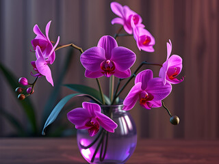 Elegant Purple Orchid Flowers in a Vase on Wooden Table – Minimalist Natural Home Décor

