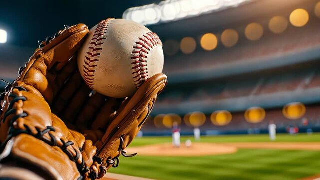A close-up of a glove catching a baseball at a vibrant stadium during a game.