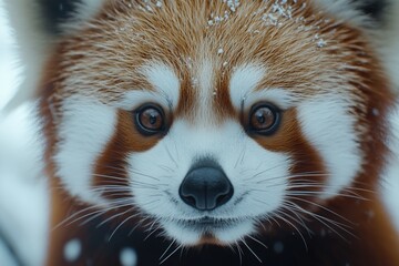 Close-up portrait of a red panda in the snow.