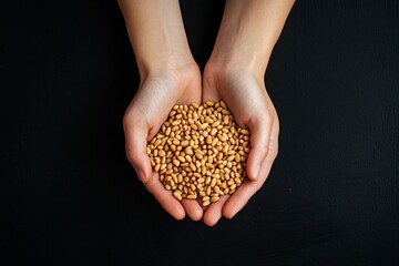 Hands cupping a pile of wheat grains on a dark background.