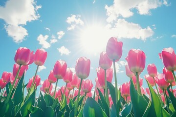 Low angle view of pink tulips against a bright blue sky.