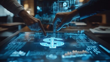 Two hands interact with a digital dollar sign on a large touchscreen, data visualized on the screen.