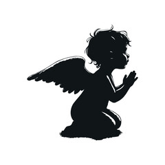 Baby angel praying, black detailed silhouette illustration on white background