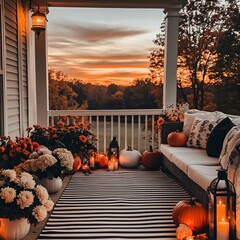Cozy autumn porch with pumpkins, flowers, and sunset view.