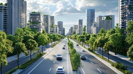 Obraz premium A scenic urban view with modern architecture, green trees, and cars driving through a sustainable, eco-friendly city street