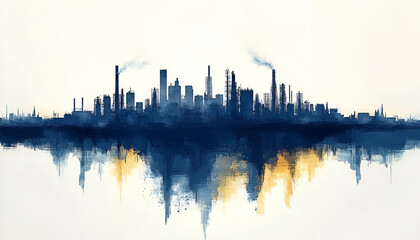 Obraz premium Industrial city skyline reflection, pollution, sunrise, artwork, print