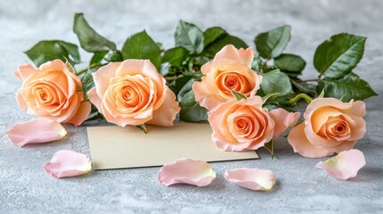 Peach roses with blank card on gray background for message