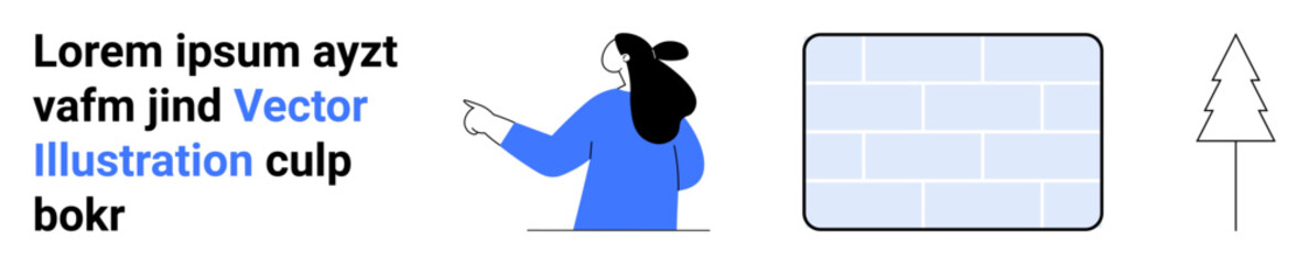 Female character extends arm toward placeholder text. Blue rectangle fills central area outline of a triangular tree on right. Ideal for web design, educational content, marketing, presentations