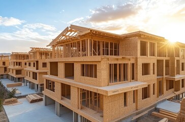 Construction Site of a Modern Residential Development Under a Bright Sunset With Wooden Framework and Open Spaces, Showcasing the Progress of Urban Building Projects