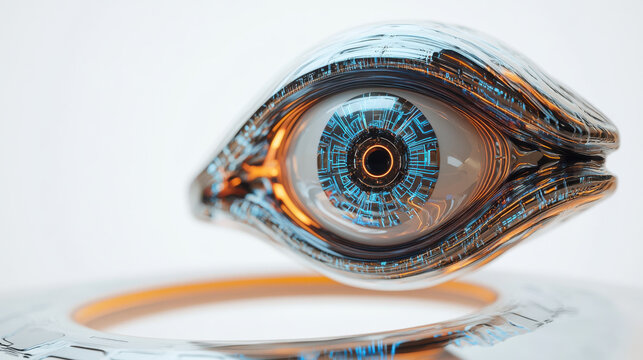 A futuristic cut-out graphic of a levitating robotic eye with intricate metallic textures, glowing neon circuitry in blue and orange tones, floating above a subtle glowing ring