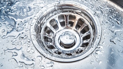 Close-up of a clean sink drain with water droplets, symbolizing effective unclogging.