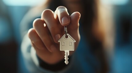 A hand holds a house-shaped key, symbolizing new home ownership and first-time homebuyer excitement.