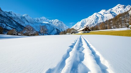 Obraz premium A serene winter landscape featuring snow-covered mountains, a cozy house, and clear blue skies, inviting tranquility and exploration in the snowy terrain.