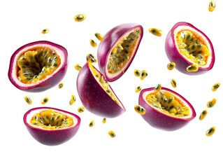 Isolated Falling Passion Fruit Halves