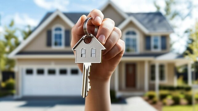 Hand holding house key symbolizes new homeownership and the journey of buying a home.