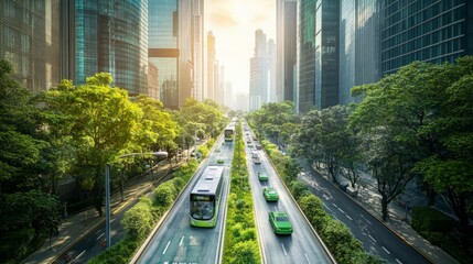 Fototapeta premium A smart city view with green trees, modern buildings, and eco-friendly vehicles on the streets, representing a clean and sustainable urban environment