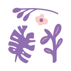 Lush purple jungle leaves in a vibrant and modern design. Unique and bold botanical illustration for tropical, exotic, or nature-inspired projects.