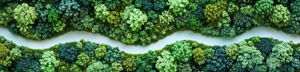 Winding Path Through Lush Forest: An aerial view showcases a winding path snaking through a vibrant, dense forest, creating a captivating pattern of greens and textures.