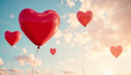 Romantic Heart-Shaped Red Balloons Floating Against Pastel Blue Sky with Soft Clouds