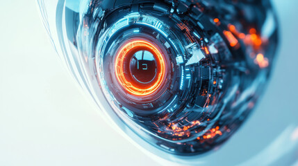 A futuristic cut-out graphic of a levitating robotic eye with intricate metallic textures, glowing neon circuitry in blue and orange tones, floating above a subtle glowing ring