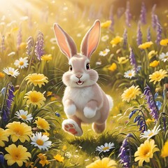 Fototapeta premium Happy Easter Bunny in Sunny Meadow with Daisies and Bluebells