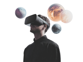 Isolated Man Using VR Headset With Floating Planets