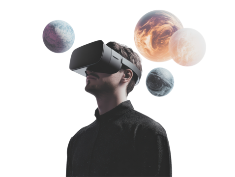Isolated Man Using VR Headset With Floating Planets