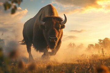 Majestic bison charging through golden sunset prairie.