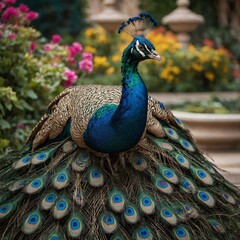 Obraz premium A peacock displaying its radiant feathers in an ornate garden with intricate fountains.