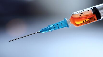 Close-up of a syringe filled with amber liquid, needle pointing to the left.