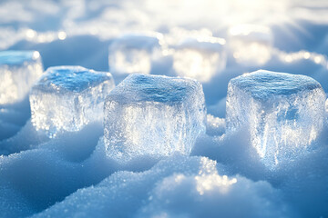 Obraz premium Sparkling ice cubes on snowy ground, winter sun