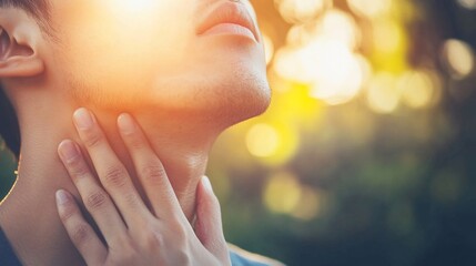 Man touching his throat outdoors in sunlight.