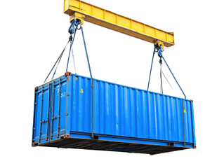 Isolated Blue Shipping Container Hanging from Crane