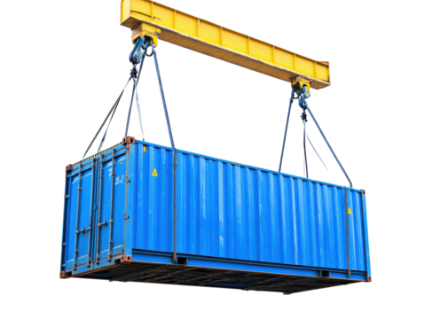 Isolated Blue Shipping Container Hanging from Crane