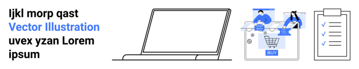 Laptop next to e-commerce scene with two people discussing, shopping cart icon, and checklist. Ideal for online business, teamwork, project management, e-commerce, productivity, market research