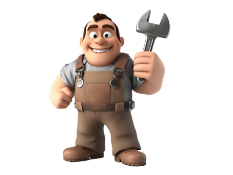 Isolated 3D Cartoon Mechanic Holding a Wrench