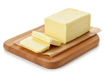 A block of butter with three neatly sliced pieces placed on a wooden cutting board lined with parchment paper isolated on white background