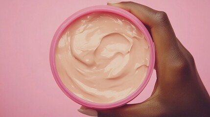 Close-up of a hand holding a pink jar of beige cream.