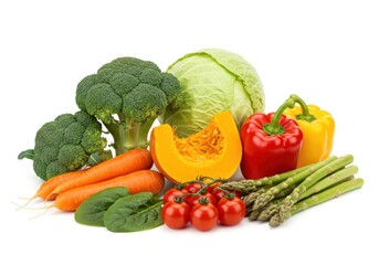 A colorful array of fresh vegetables including broccoli, carrots, cabbage, tomatoes, spinach, pumpkin, bell peppers, asparagus and cherry tomatoes isolated on white background