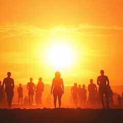 Fototapeta premium Silhouetted people walking on beach at sunset.