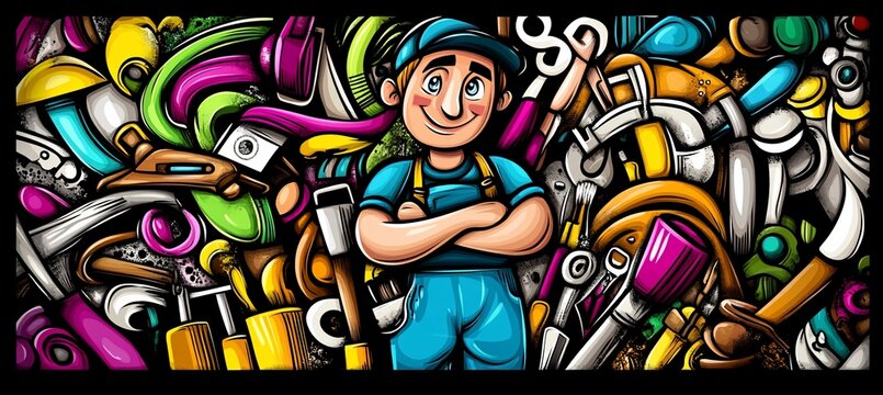 Happy handyman amidst colorful tools and equipment.