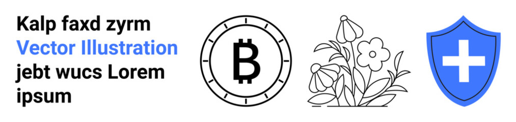 Bitcoin symbol, floral design, and healthcare shield icon in minimalistic vector art. Ideal for finance, cryptocurrency, nature, healthcare, security, digital platforms, and educational content