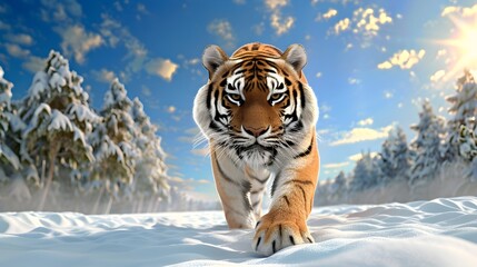 Obraz premium A powerful Siberian tiger, showcasing its striking orange and black stripes, confidently strolls across a pristine snow-covered landscape.