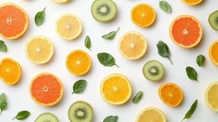 Colorful citrus fruit and kiwi slices pattern on white background with spinach leaves.