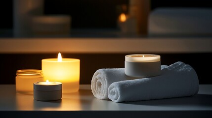 Spa setting with candles, towels, and skincare jars on a table.