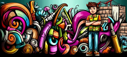 Fototapeta premium Colorful doodle art of a construction worker amidst tools and building materials.