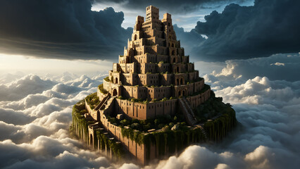 Tower of Babel in ancient mythology. Book of Genesis. Stone architecture.
