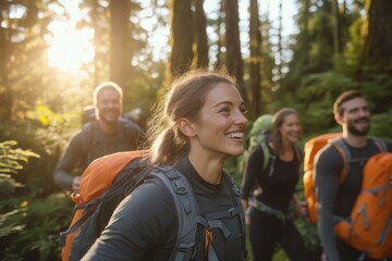Naklejka premium Hikers walking in forest enjoying backpacking trip