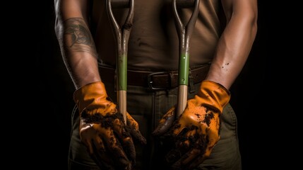 Closeup of a Pair of Muddy Hands Gripping Gardening Tools like Shovel and Rake After a Hard Day s Work Tending to the Garden or Yard